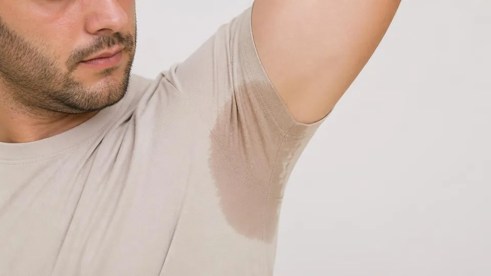 Homem com mancha de suor na axila da camiseta, sinal de hiperidrose axilar