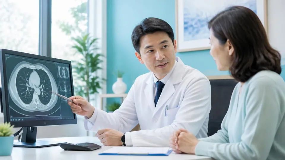 Médico explicando a tomografia de tórax para a paciente durante a consulta